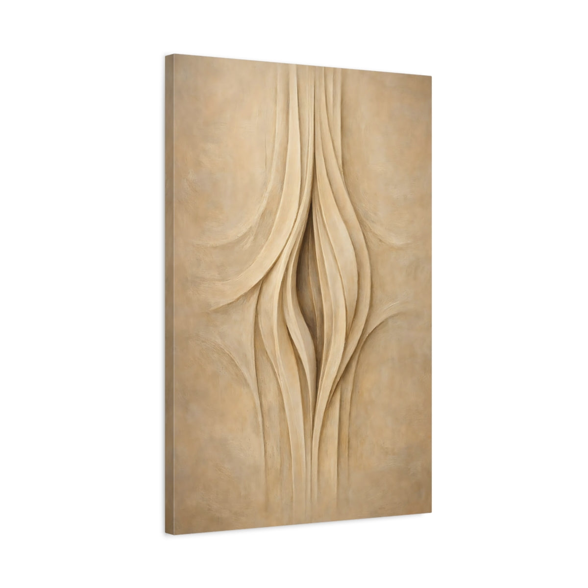 Side Mockup 2. Abstract Organic Curves Beige And Cream Abstract shown as stretched canvas wall art