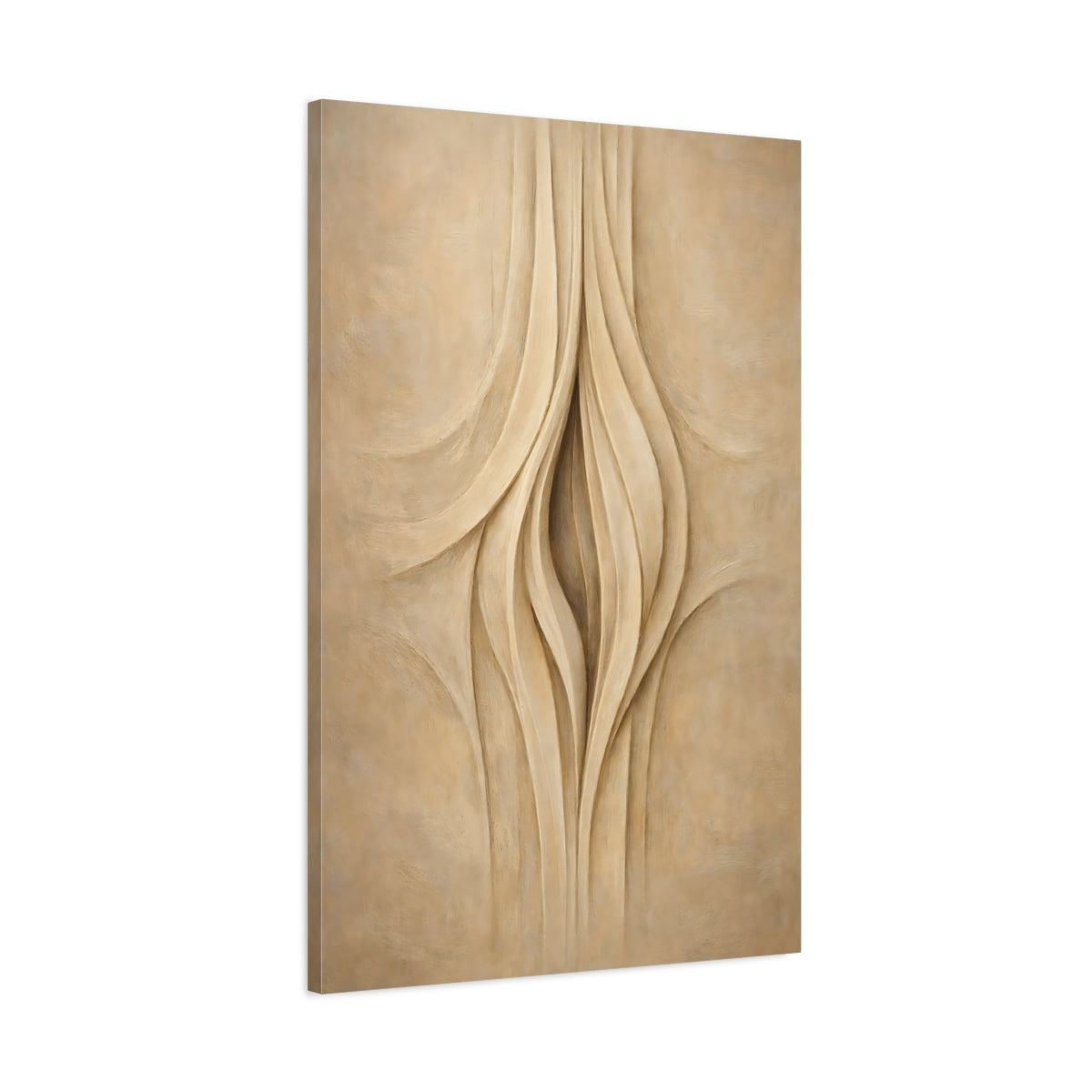 Side Mockup 1. Abstract Organic Curves Beige And Cream Abstract shown as stretched canvas wall art
