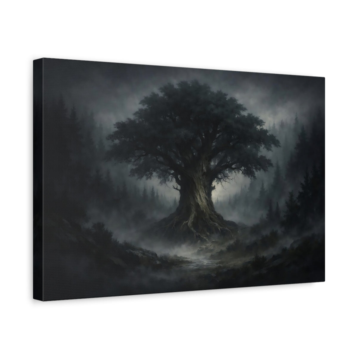 Nature Ancient Tree Dark Misty Forest - Canvas Wall Art Print