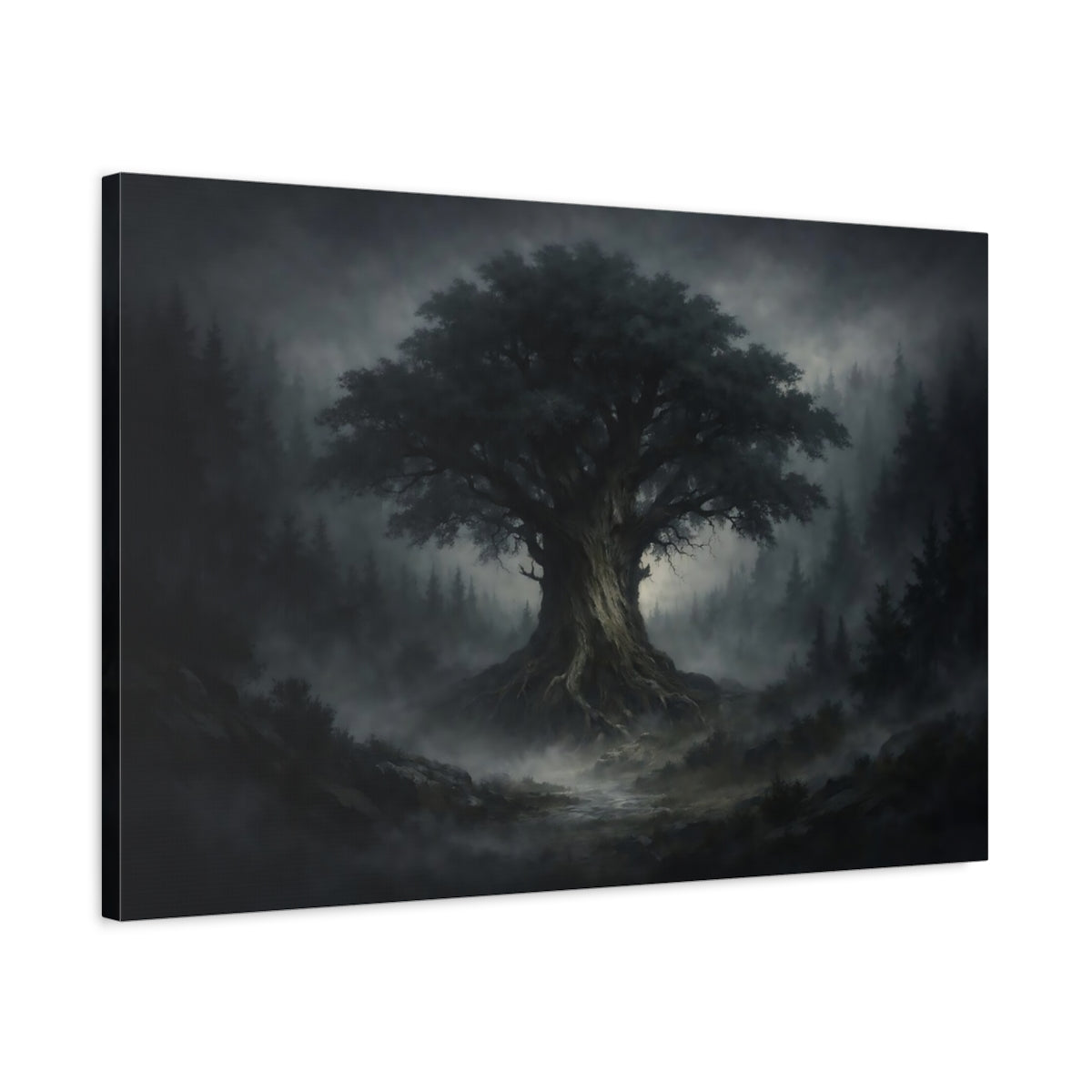 Nature Ancient Tree Dark Misty Forest - Canvas Wall Art Print