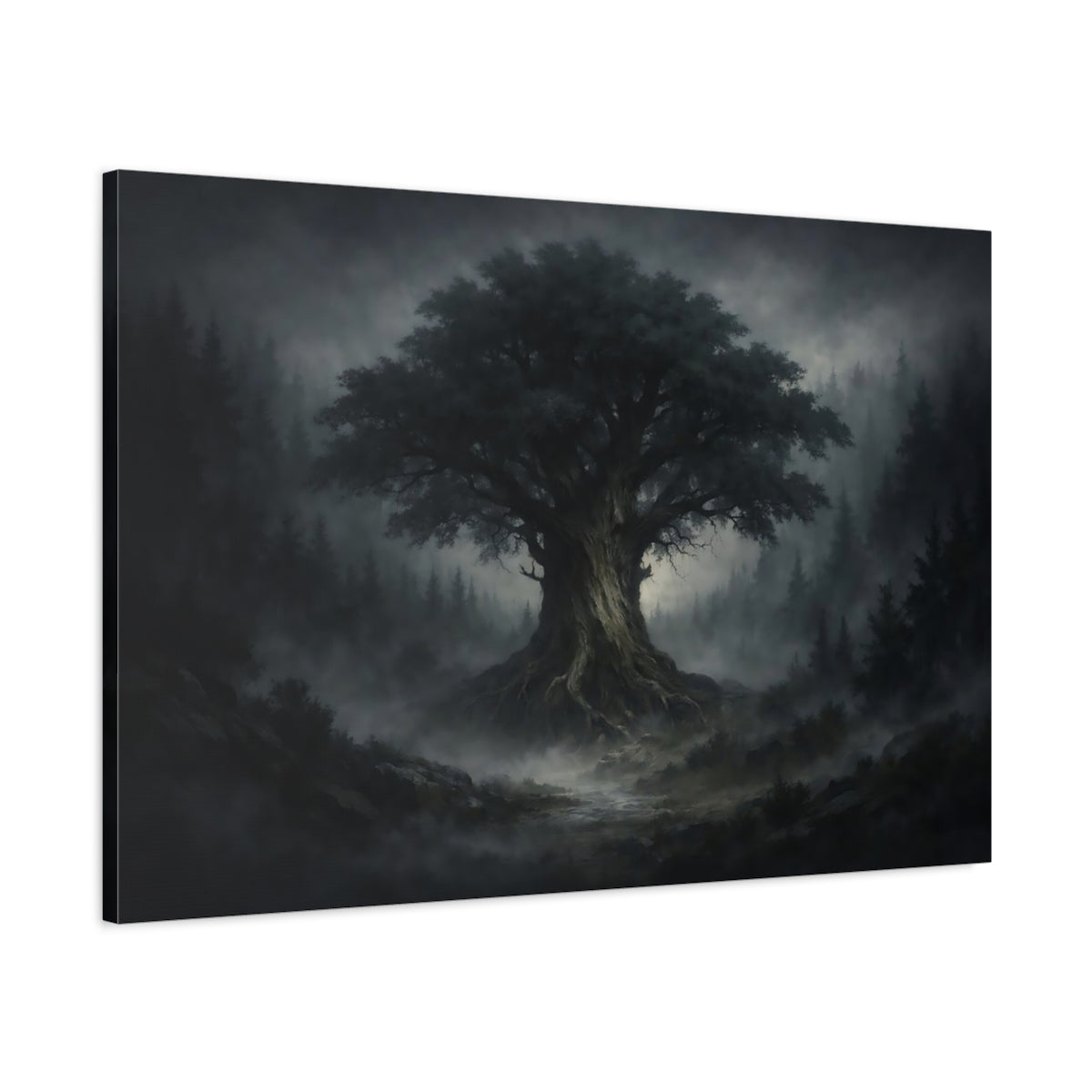 Nature Ancient Tree Dark Misty Forest - Canvas Wall Art Print