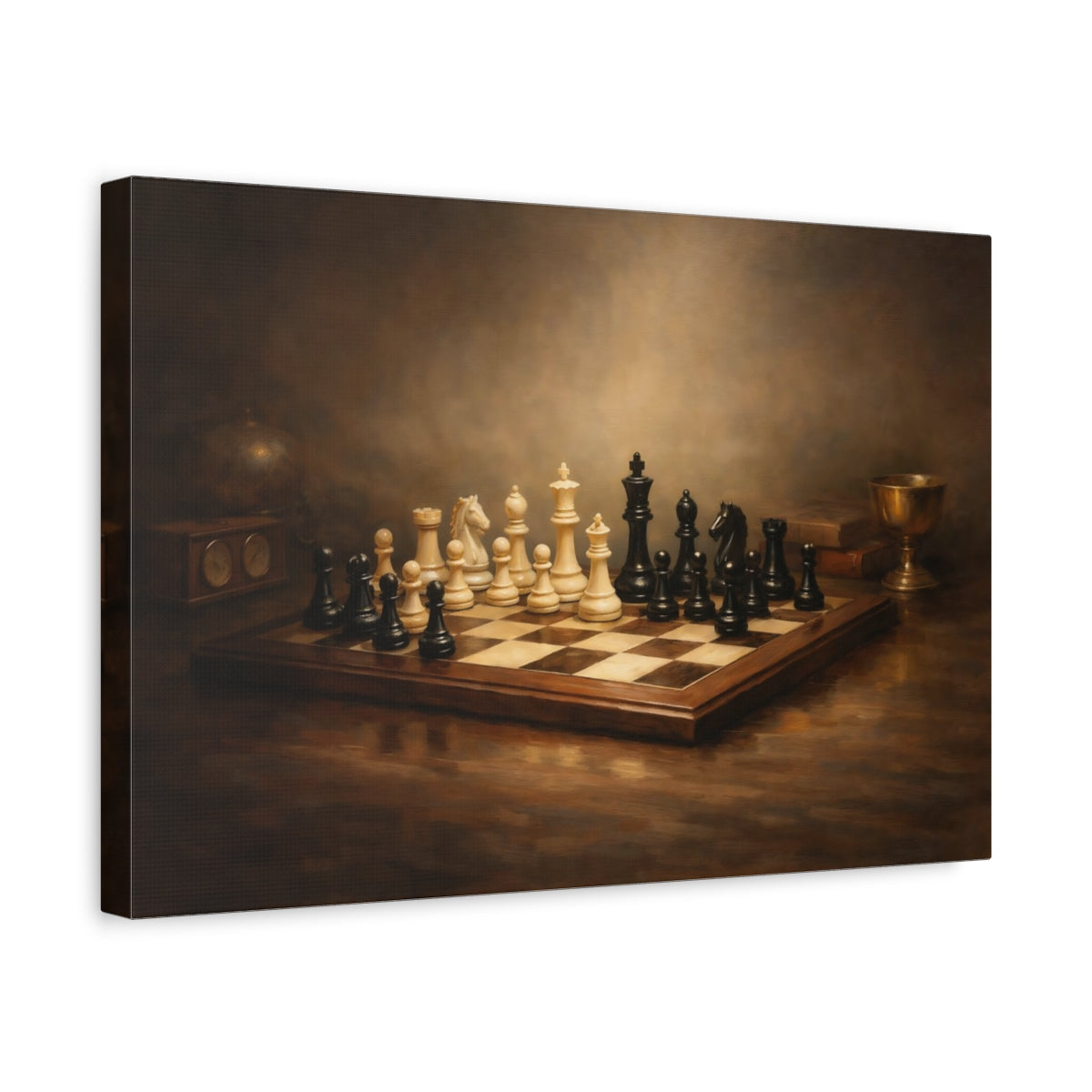 Side Mockup 4. Contemporary Chess Dramatic Spotlight Composition shown as stretched canvas wall art