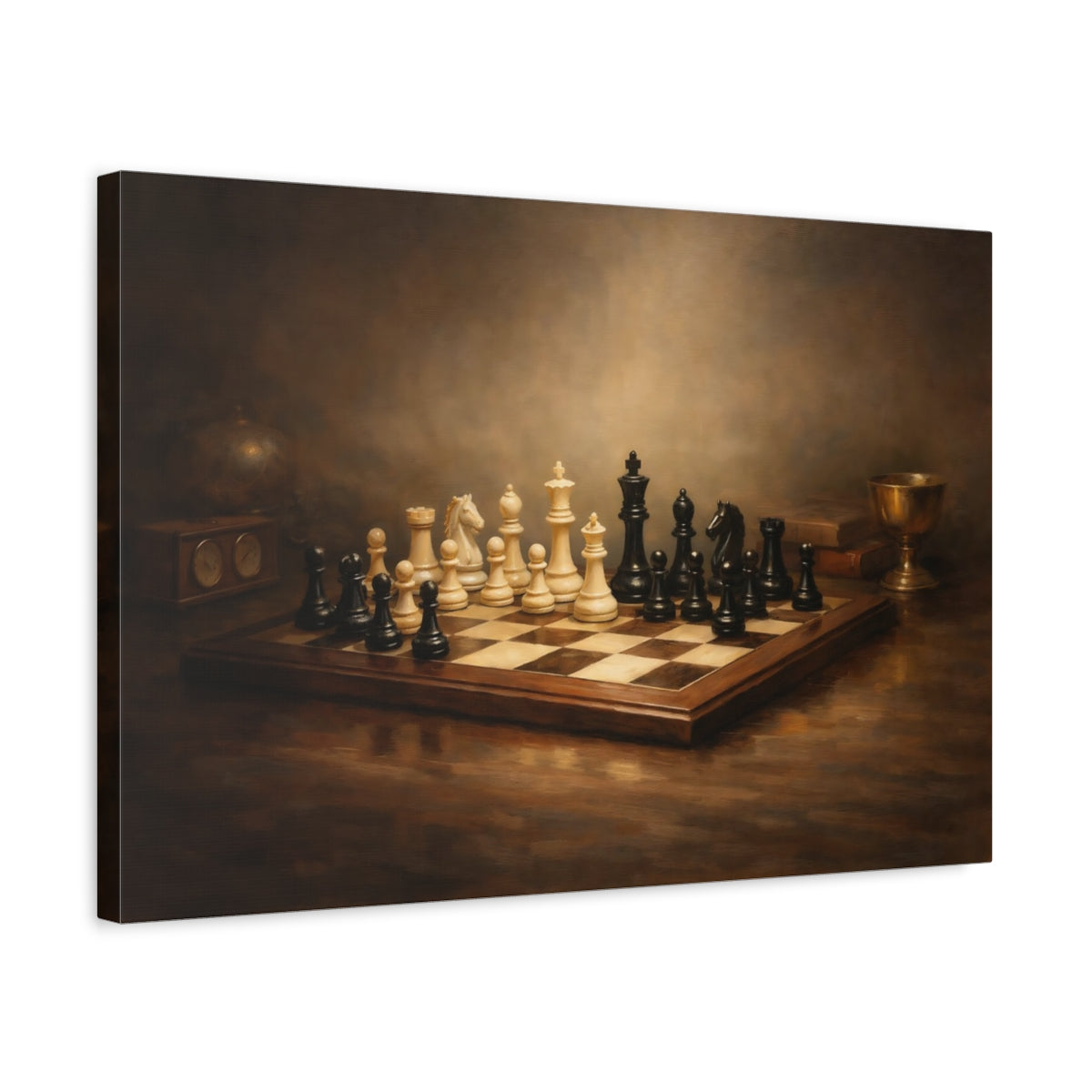 Side Mockup 3. Contemporary Chess Dramatic Spotlight Composition shown as stretched canvas wall art