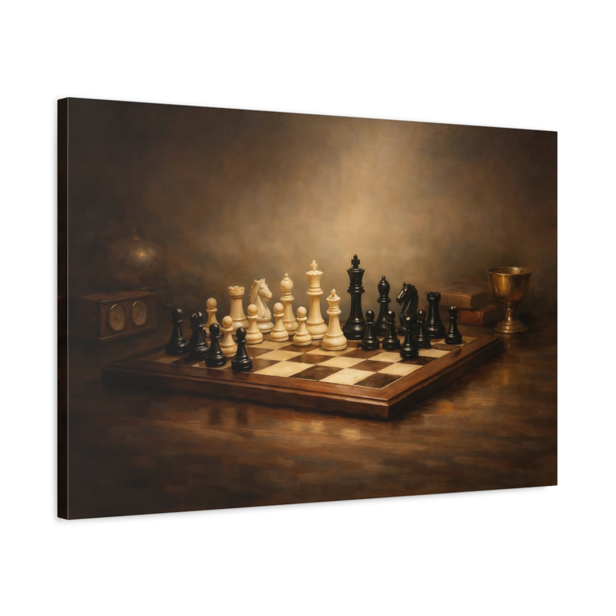 Side Mockup 2. Contemporary Chess Dramatic Spotlight Composition shown as stretched canvas wall art