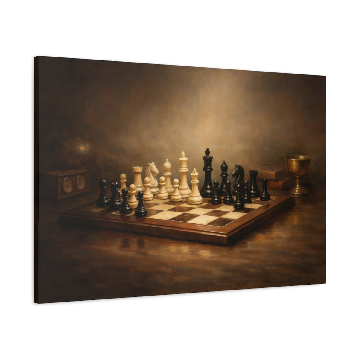 Side Mockup 1. Contemporary Chess Dramatic Spotlight Composition shown as stretched canvas wall art