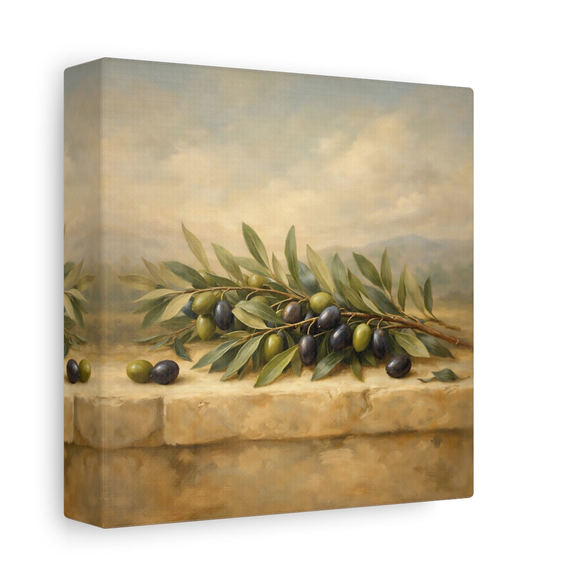 Side Mockup 1. Nature Olive Branches Green Olive Still Life shown as stretched canvas wall art