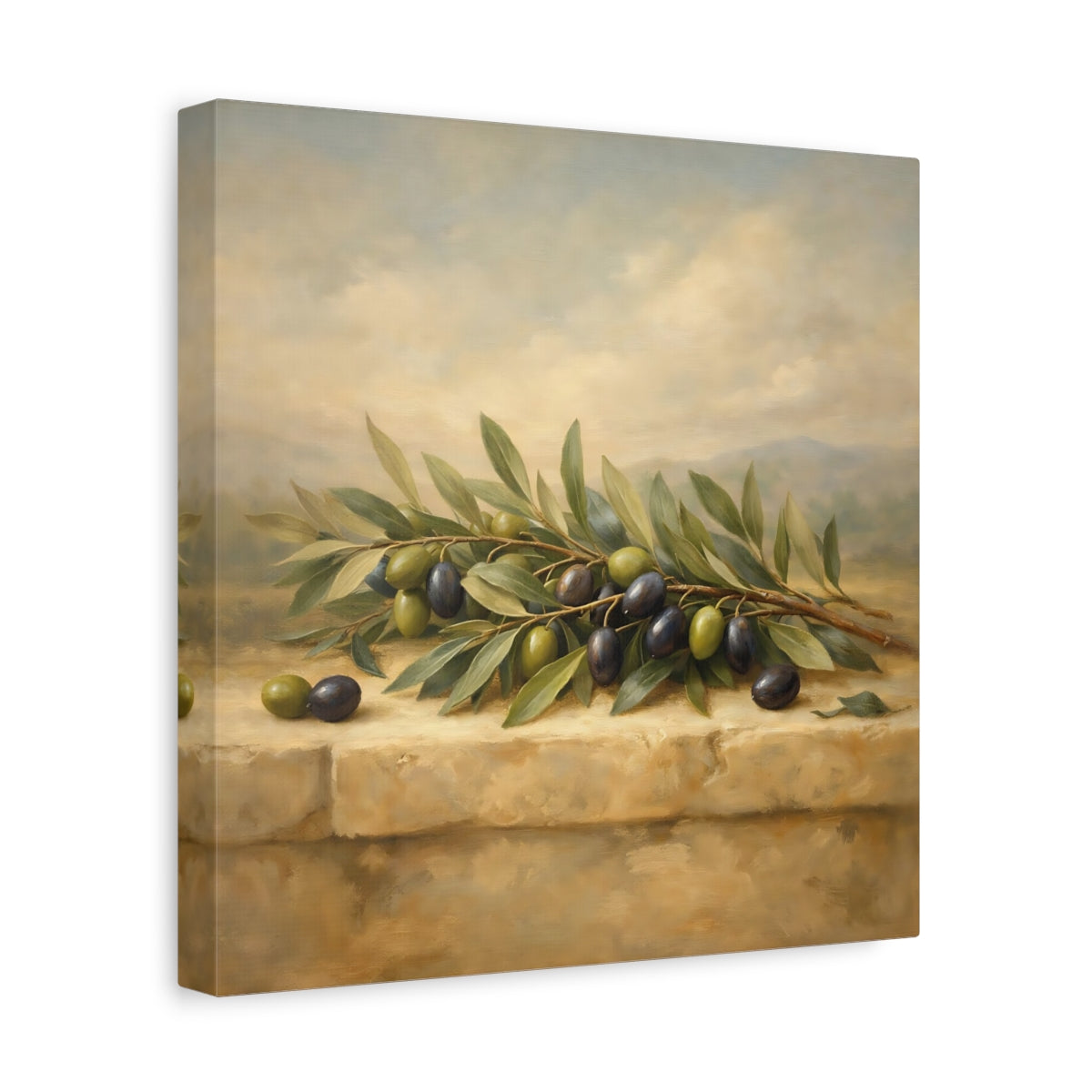Side Mockup 8. Nature Olive Branches Green Olive Still Life shown as stretched canvas wall art