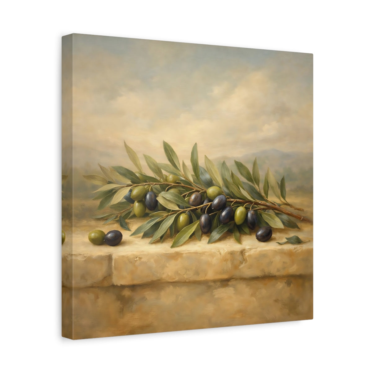 Side Mockup 7. Nature Olive Branches Green Olive Still Life shown as stretched canvas wall art