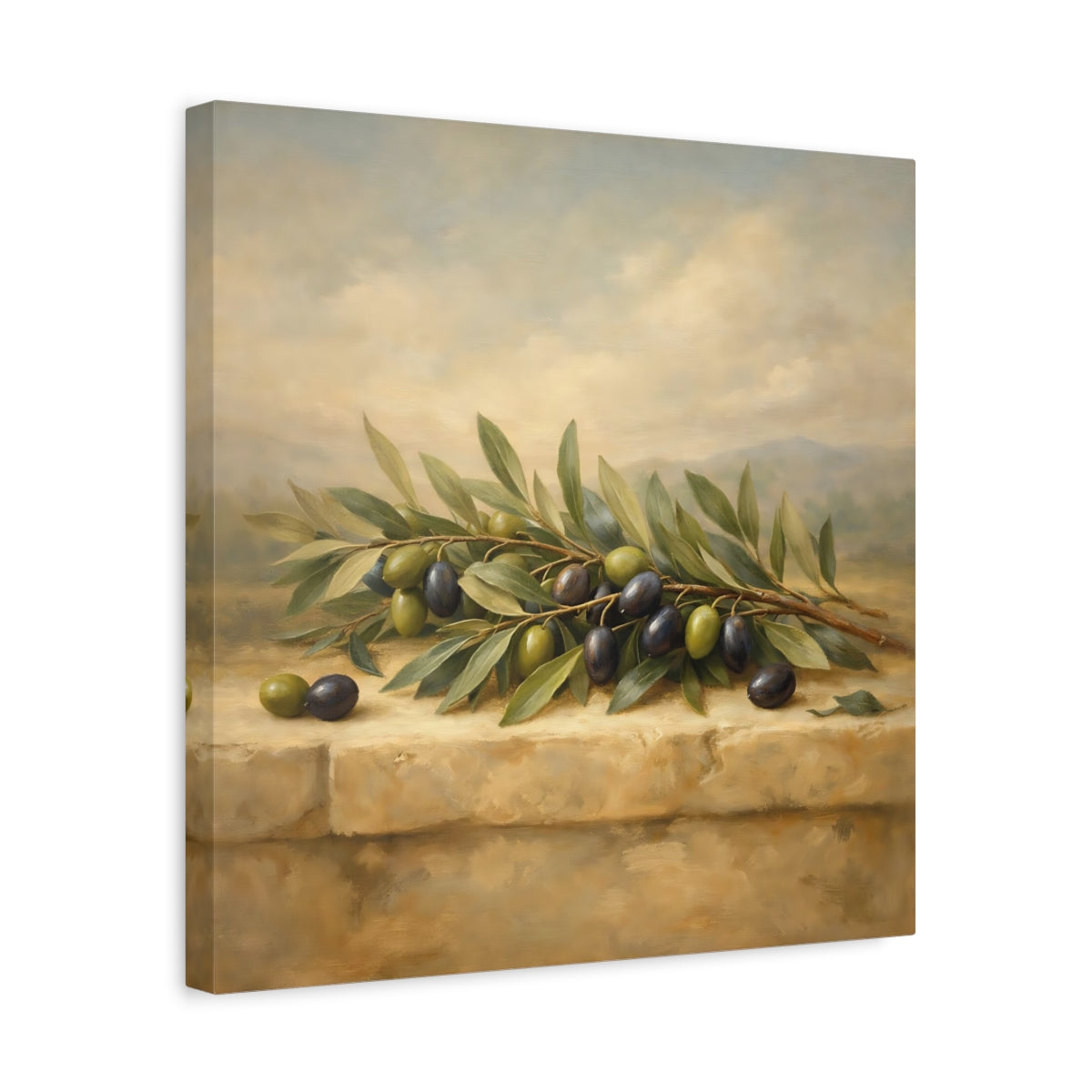 Side Mockup 6. Nature Olive Branches Green Olive Still Life shown as stretched canvas wall art