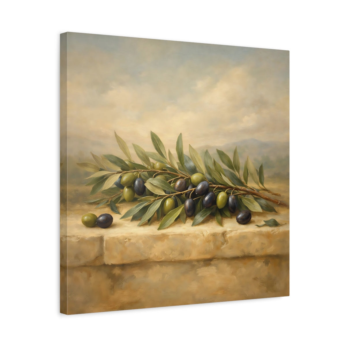 Side Mockup 5. Nature Olive Branches Green Olive Still Life shown as stretched canvas wall art