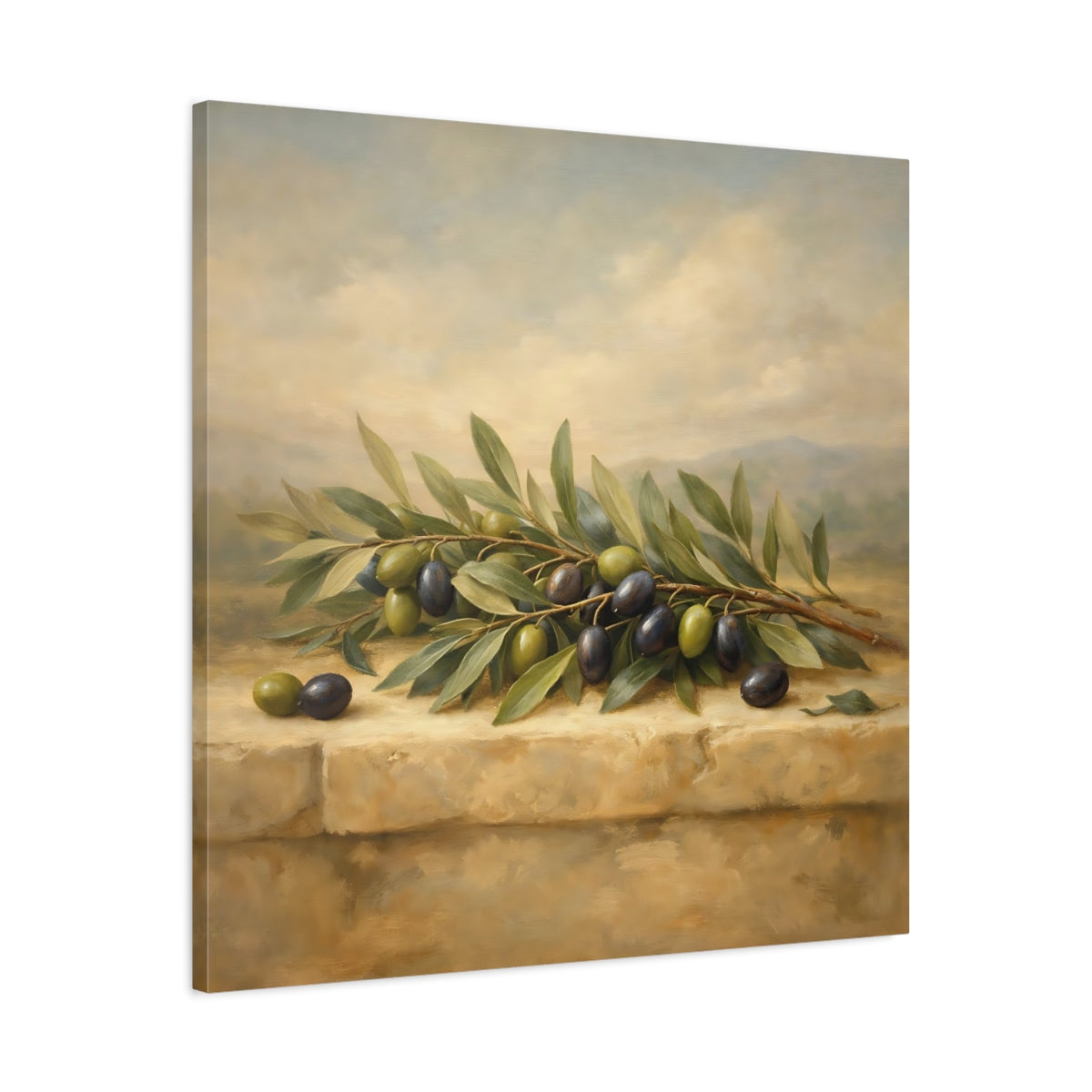 Side Mockup 3. Nature Olive Branches Green Olive Still Life shown as stretched canvas wall art