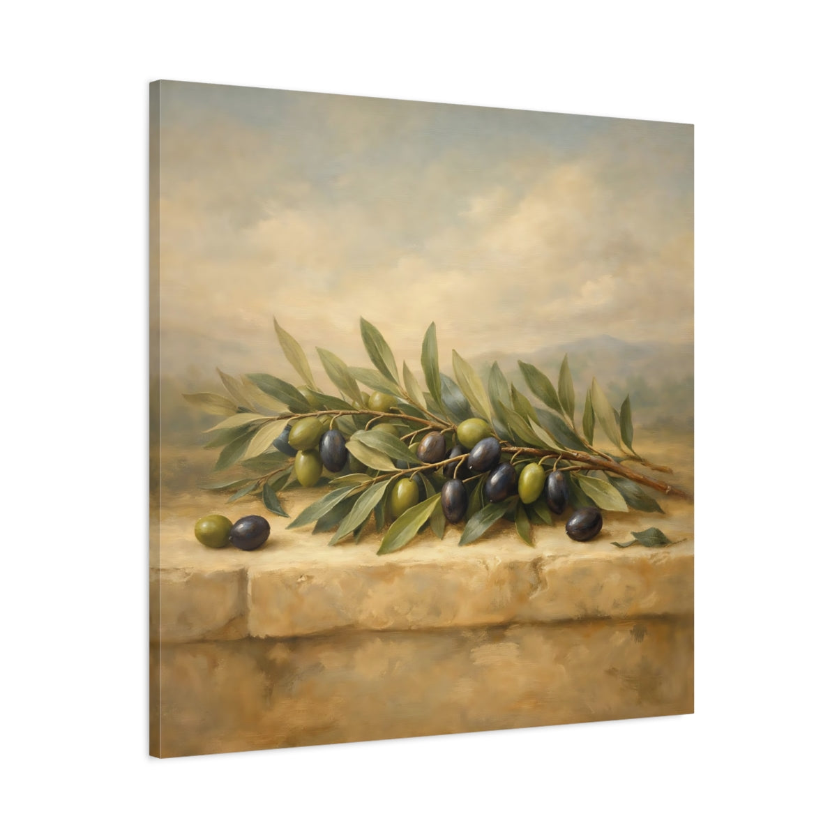 Side Mockup 2. Nature Olive Branches Green Olive Still Life shown as stretched canvas wall art