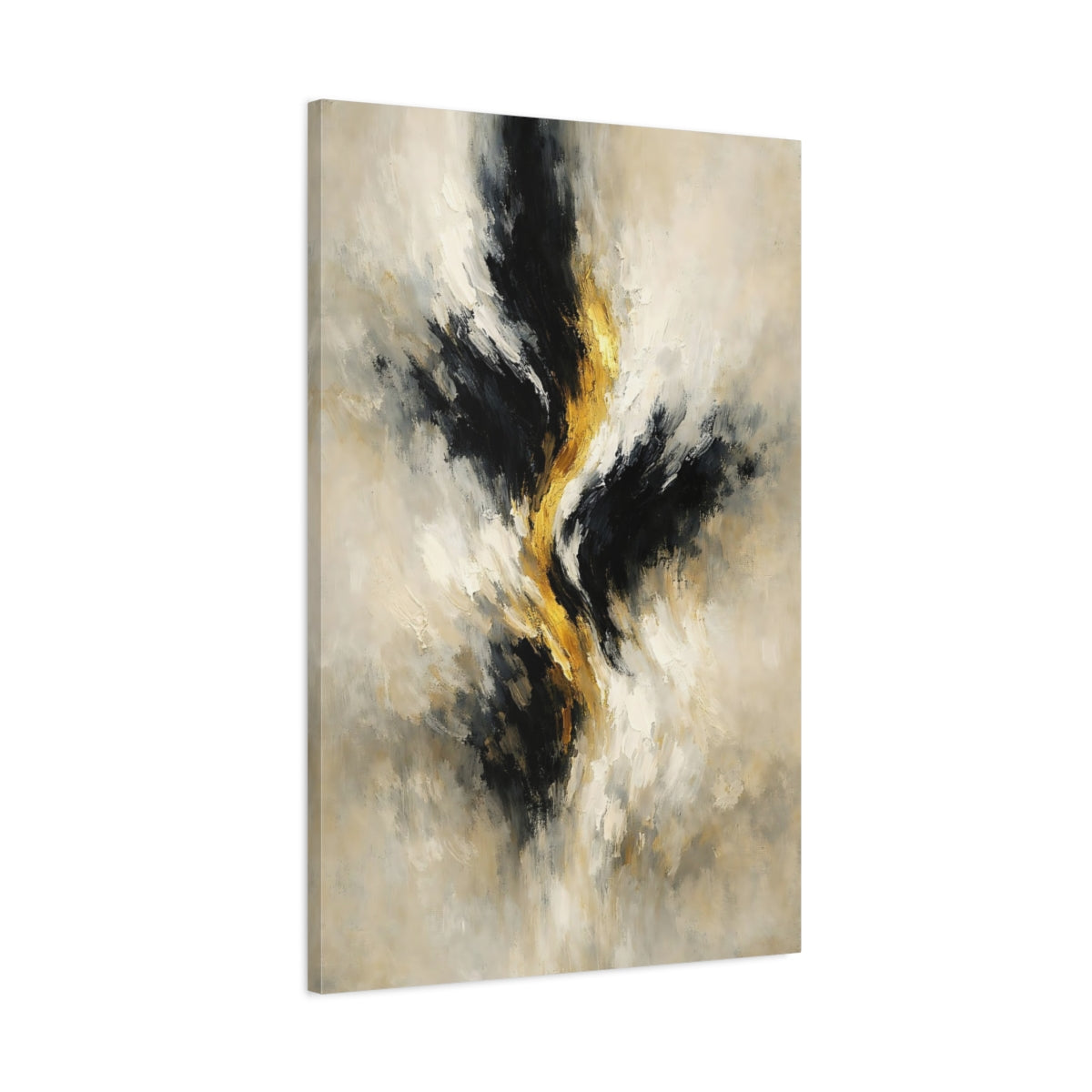 Side Mockup 1. Abstract Abstract Swirl Black Gold Abstract shown as stretched canvas wall art