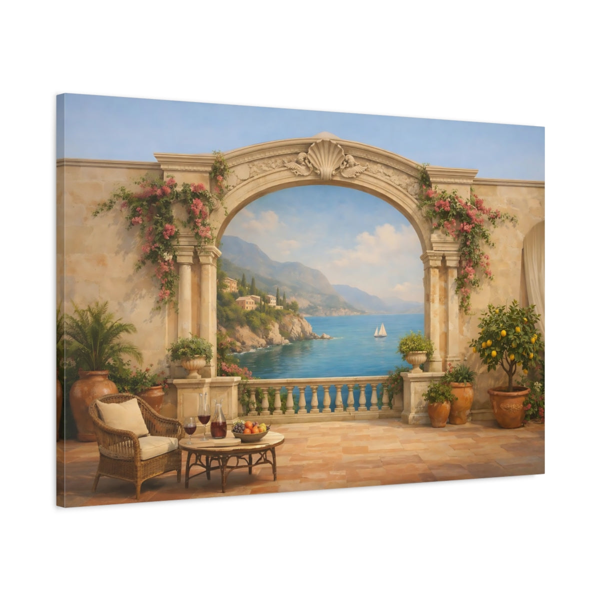 Vintage Italian Coastal Terrace Scene Nature - Canvas Wall Art Print