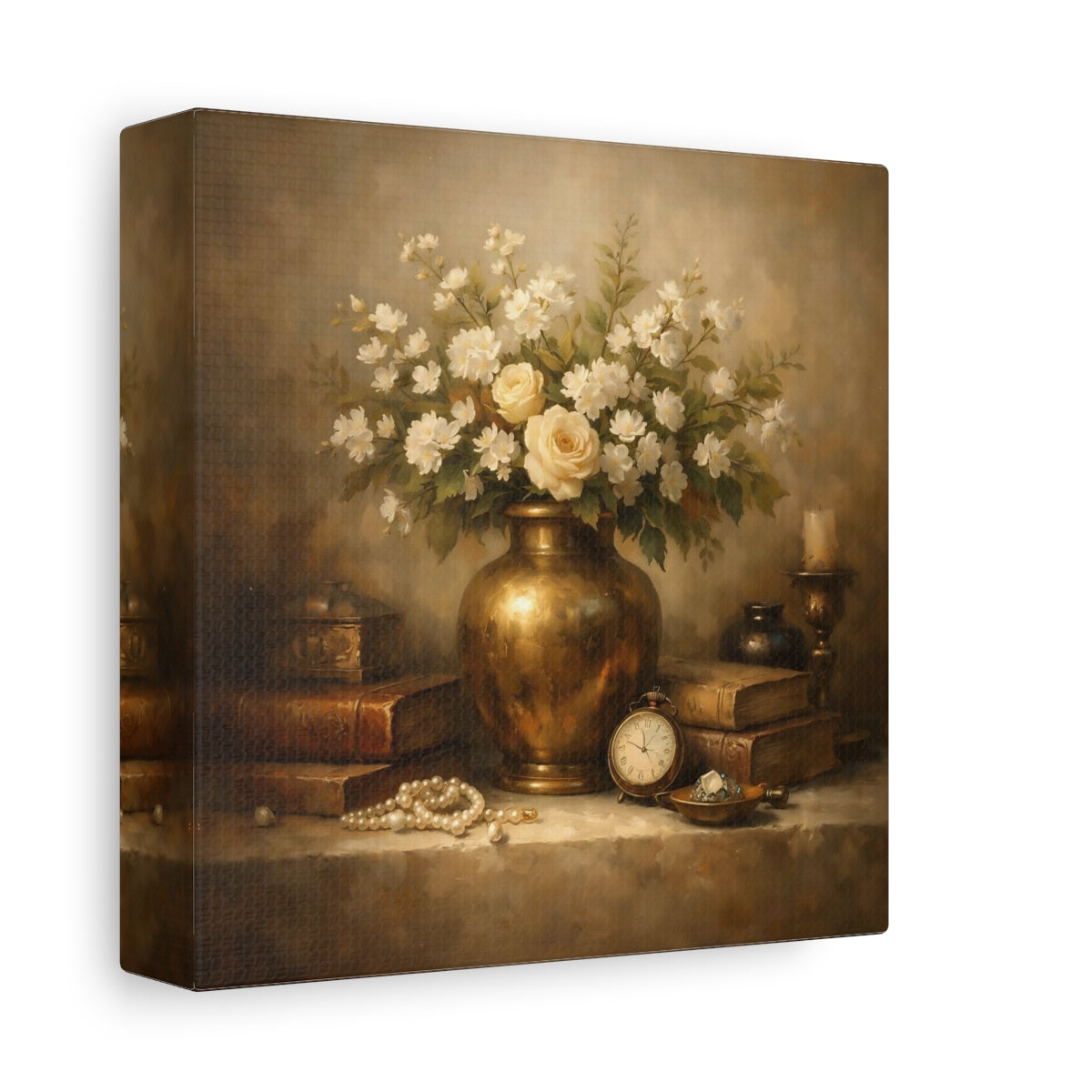 Side Mockup 1. Vintage Vase With Flowers Vintage Floral shown as stretched canvas wall art