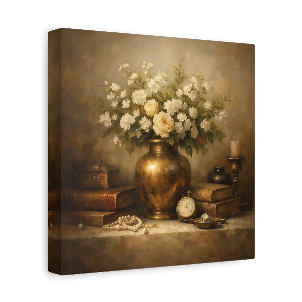 Side Mockup 9. Vintage Vase With Flowers Vintage Floral shown as stretched canvas wall art