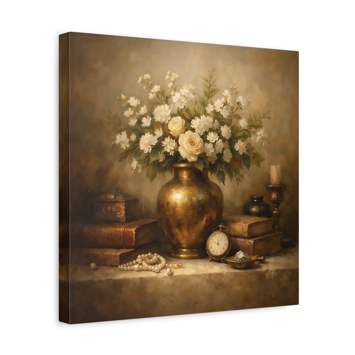 Side Mockup 7. Vintage Vase With Flowers Vintage Floral shown as stretched canvas wall art