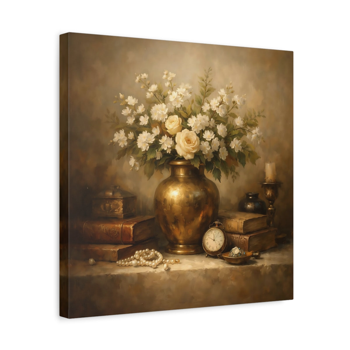 Side Mockup 6. Vintage Vase With Flowers Vintage Floral shown as stretched canvas wall art