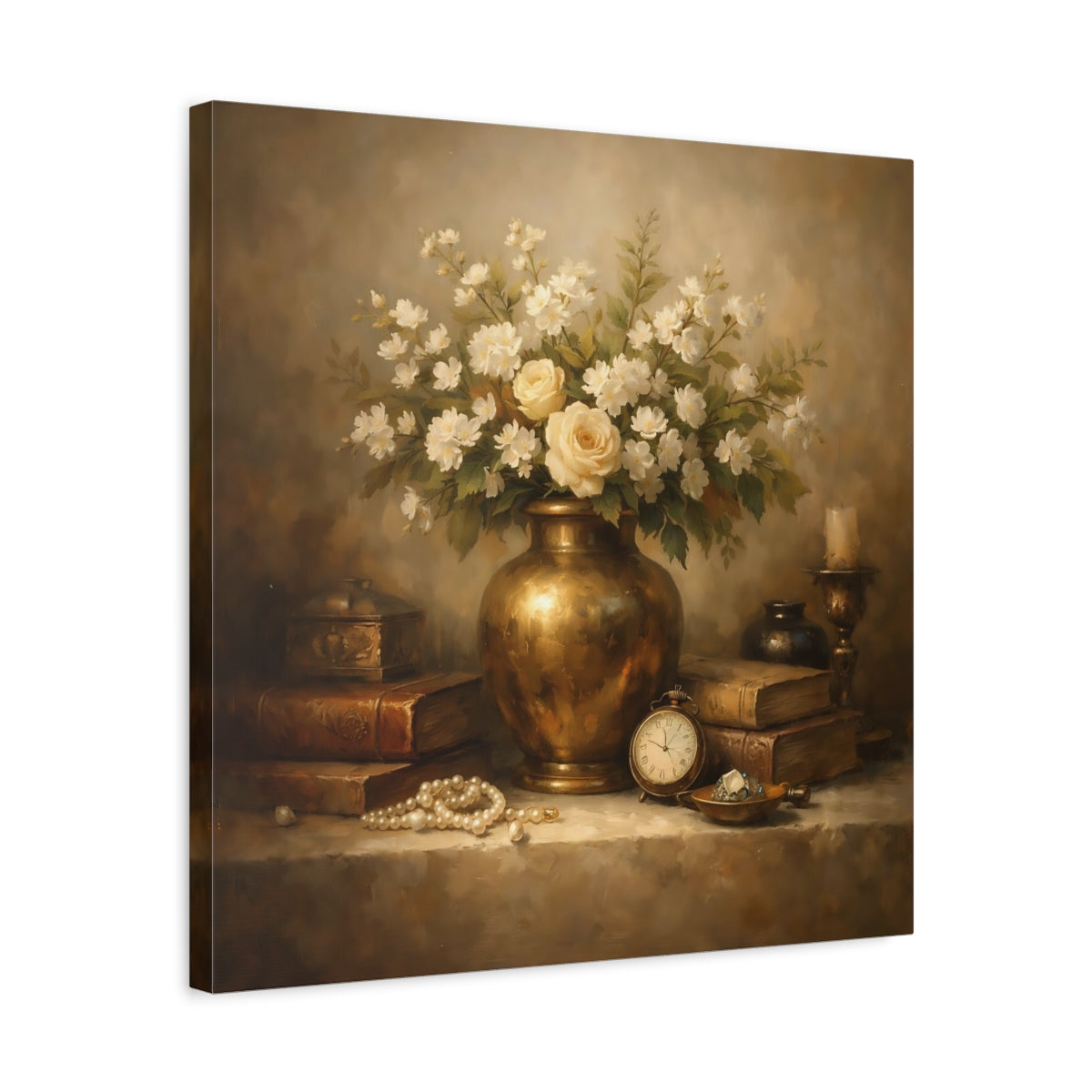 Side Mockup 5. Vintage Vase With Flowers Vintage Floral shown as stretched canvas wall art