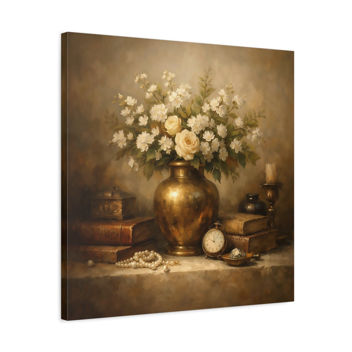 Side Mockup 4. Vintage Vase With Flowers Vintage Floral shown as stretched canvas wall art