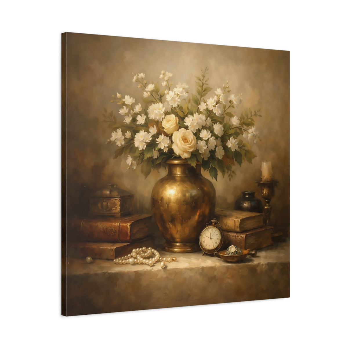 Side Mockup 3. Vintage Vase With Flowers Vintage Floral shown as stretched canvas wall art