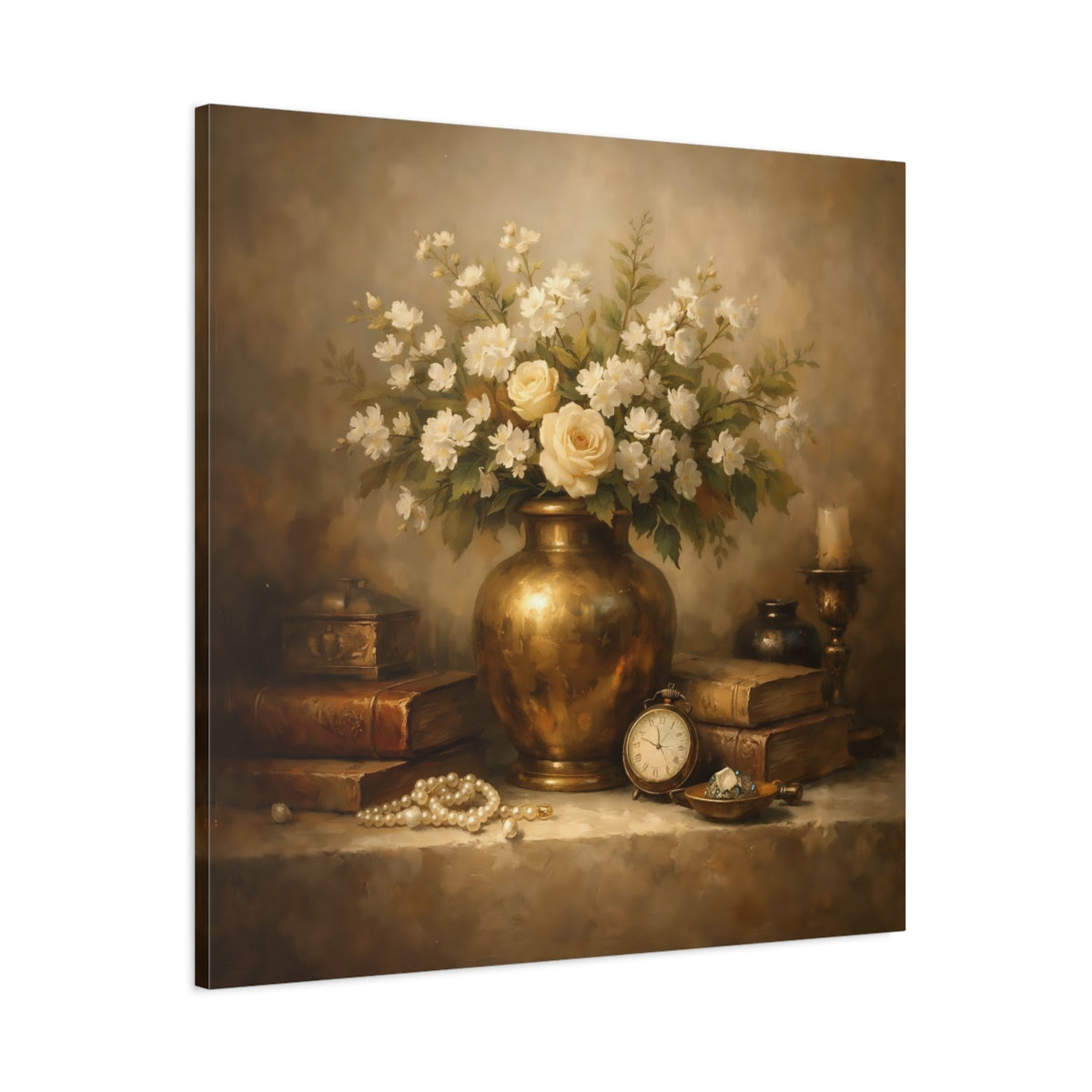 Side Mockup 2. Vintage Vase With Flowers Vintage Floral shown as stretched canvas wall art