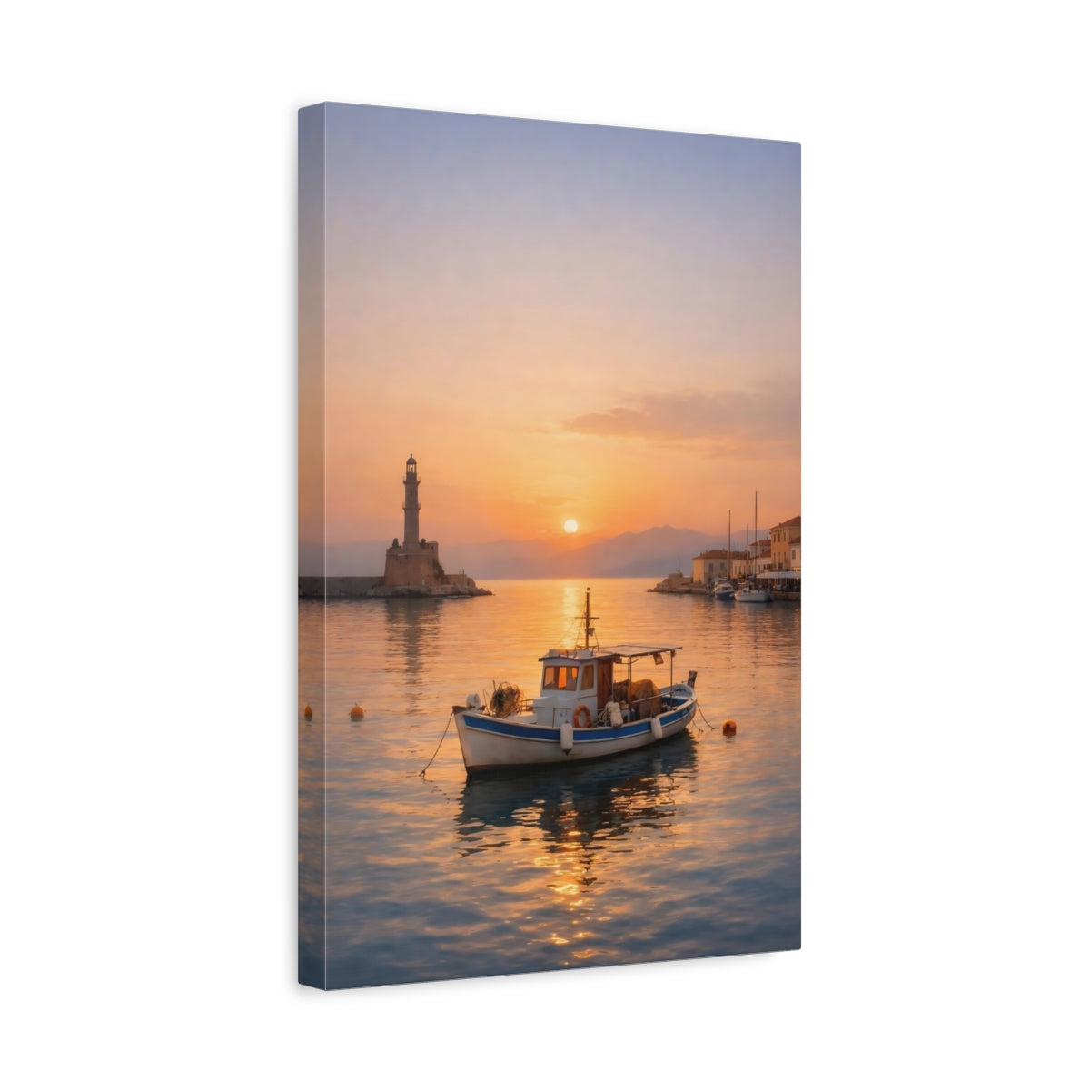 Side Mockup 4. Nature Fishing Boat Orange Sunset Harbor shown as stretched canvas wall art