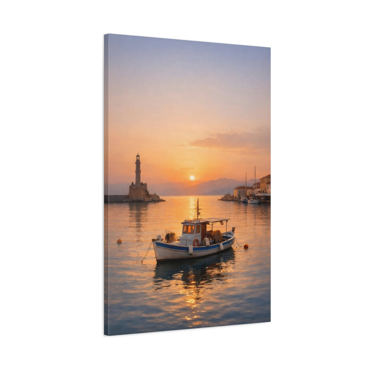 Side Mockup 1. Nature Fishing Boat Orange Sunset Harbor shown as stretched canvas wall art