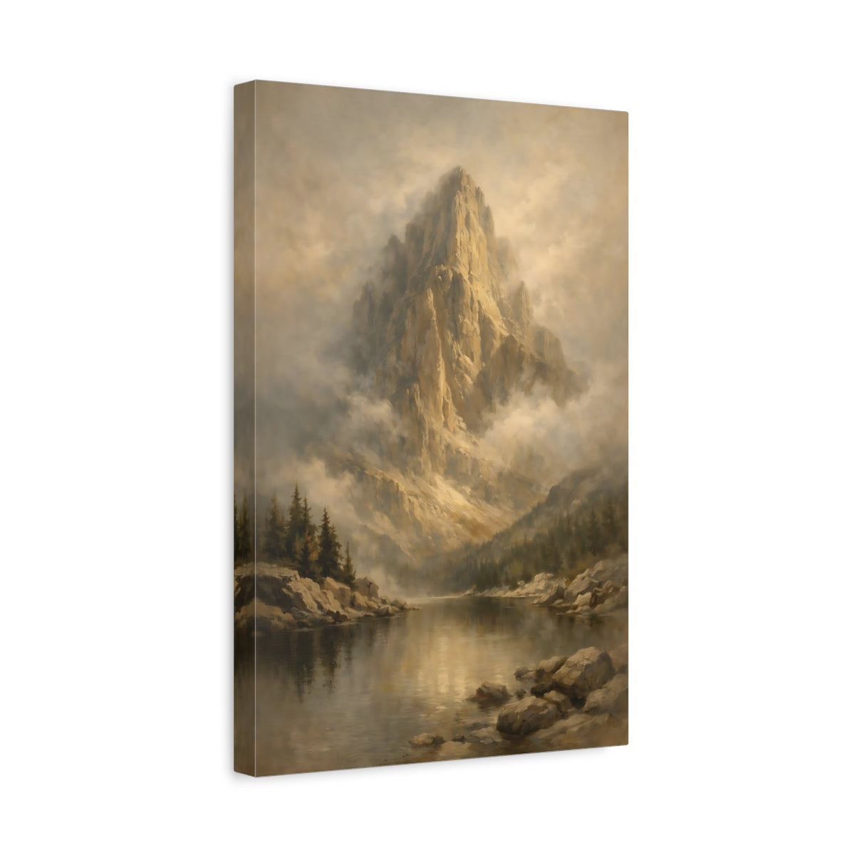 Side Mockup 4. Nature Mountain Lake Brown And Gold Mountain shown as stretched canvas wall art