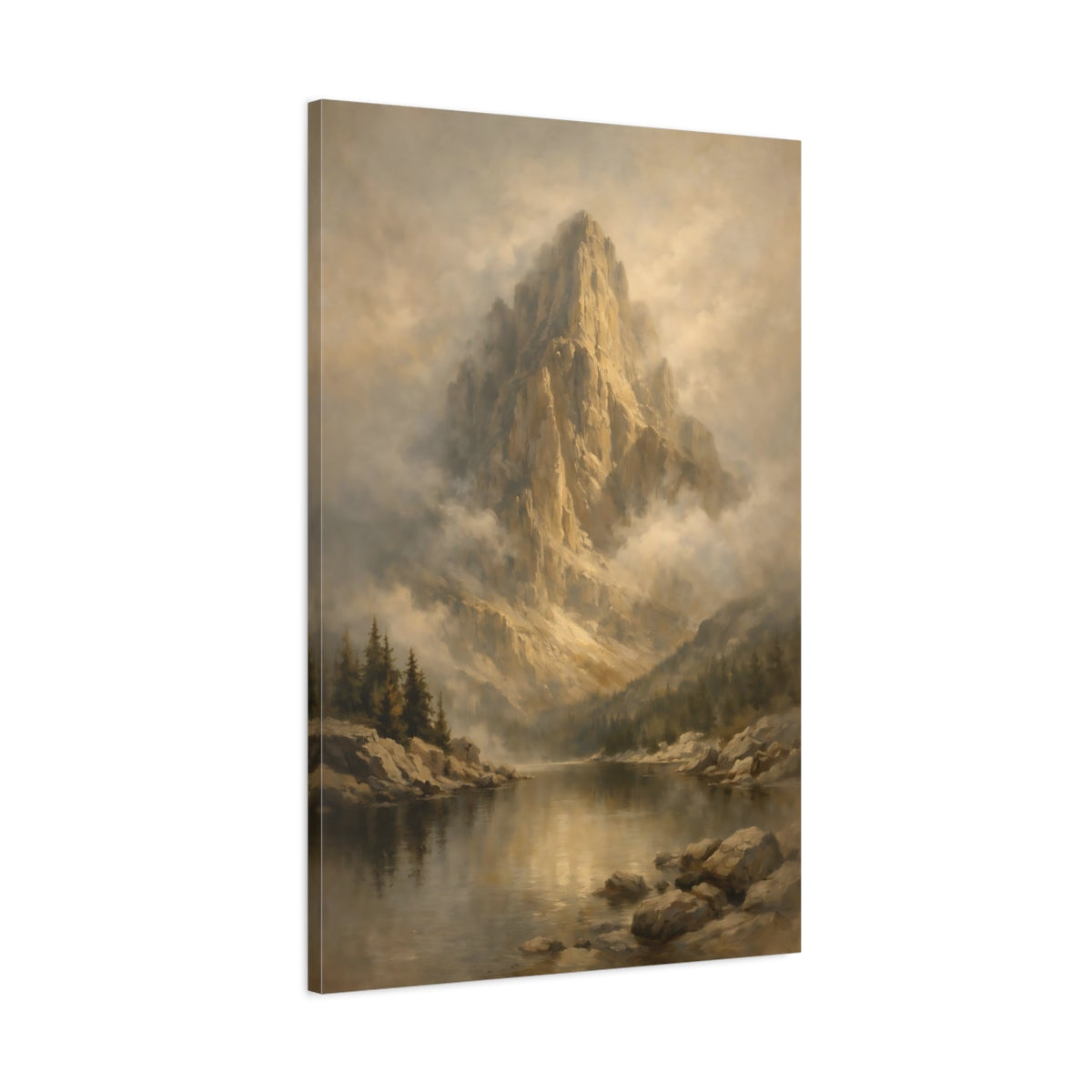 Side Mockup 1. Nature Mountain Lake Brown And Gold Mountain shown as stretched canvas wall art