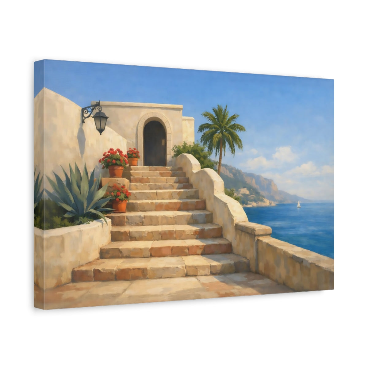 Vintage Coastal Steps Villa Nature - Canvas Wall Art Print