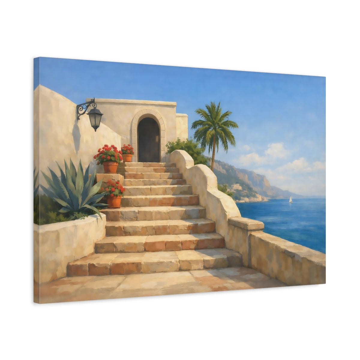 Vintage Coastal Steps Villa Nature - Canvas Wall Art Print
