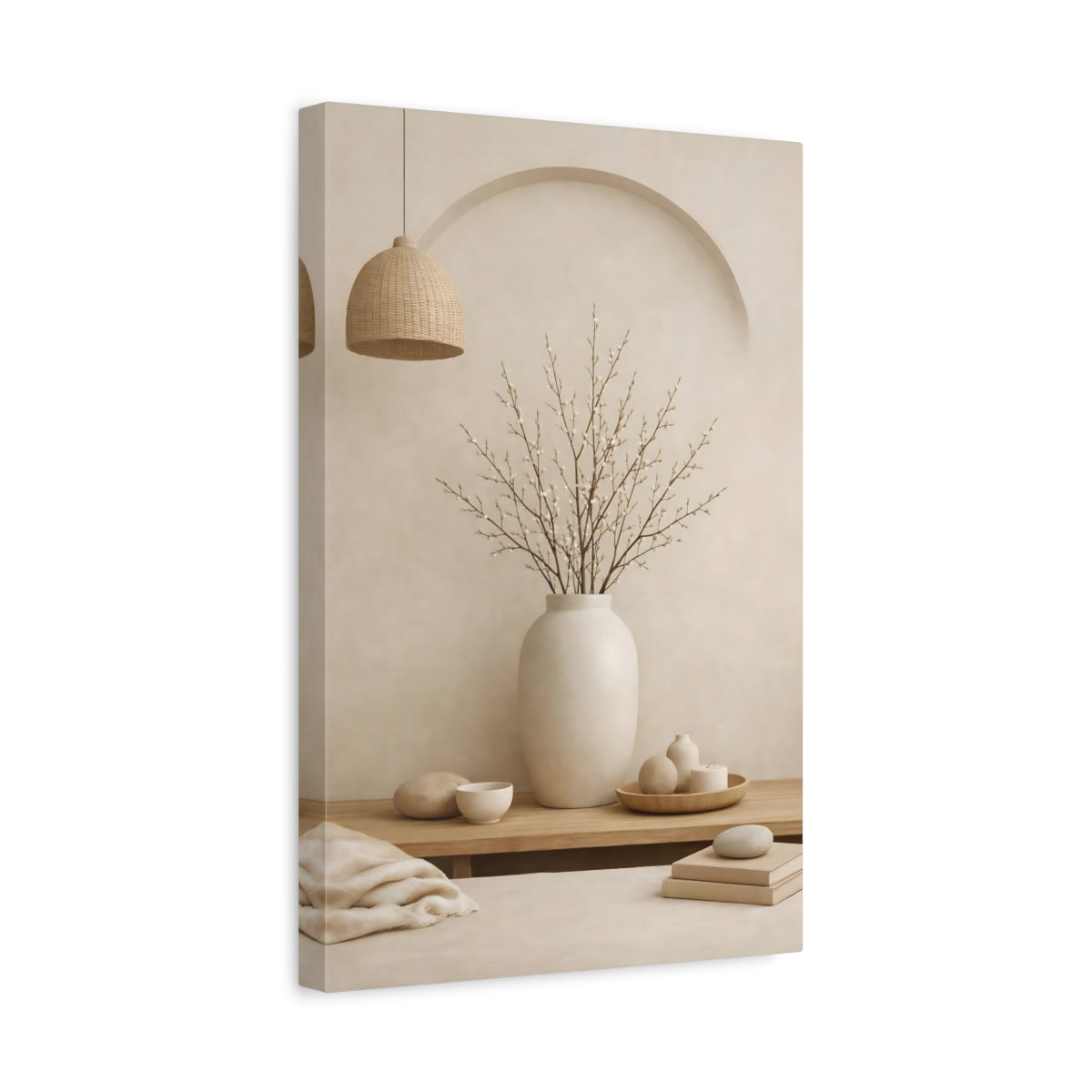 Side Mockup 4. Nature Pussy Willow Neutral Still Life shown as stretched canvas wall art