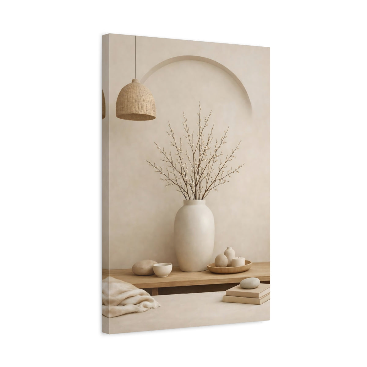 Side Mockup 3. Nature Pussy Willow Neutral Still Life shown as stretched canvas wall art