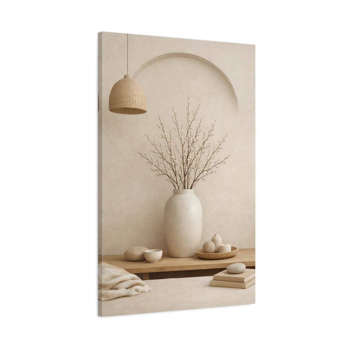 Side Mockup 1. Nature Pussy Willow Neutral Still Life shown as stretched canvas wall art