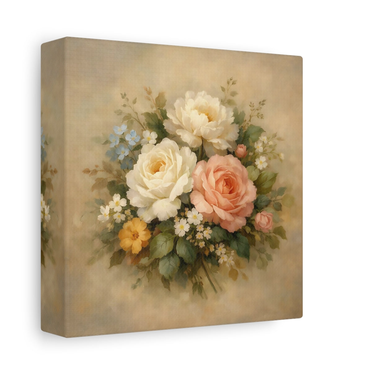 Side Mockup 1. Floral Floral Bouquet Vintage Floral Pastel shown as stretched canvas wall art