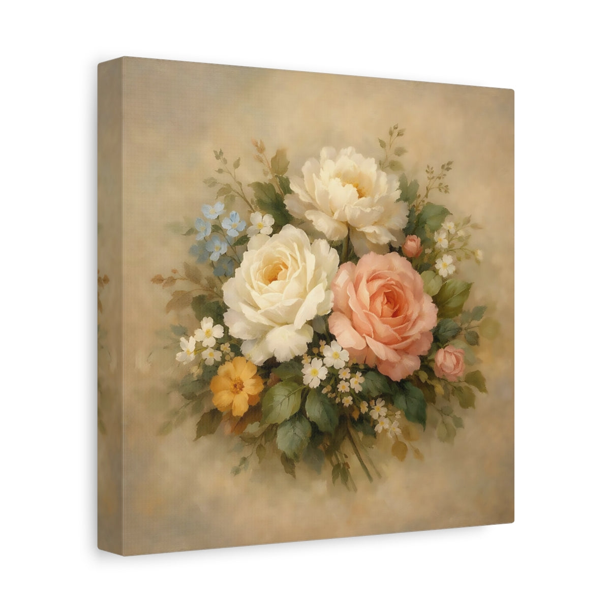 Side Mockup 9. Floral Floral Bouquet Vintage Floral Pastel shown as stretched canvas wall art
