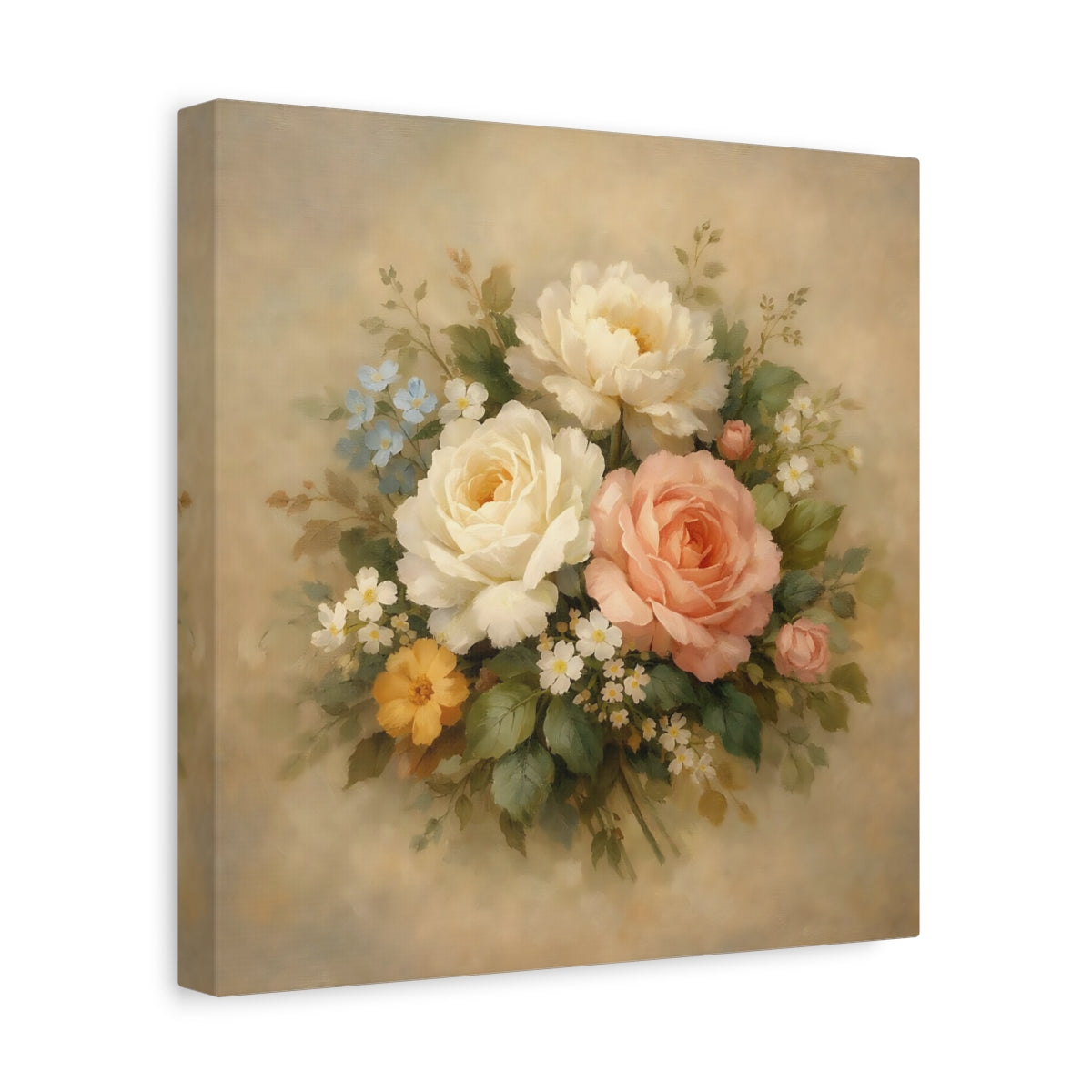 Side Mockup 8. Floral Floral Bouquet Vintage Floral Pastel shown as stretched canvas wall art