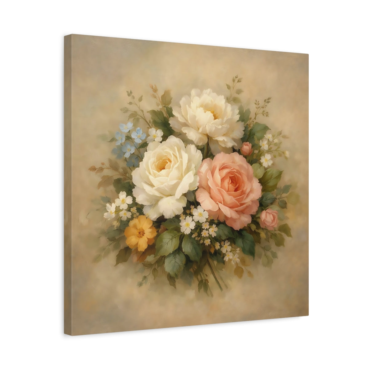 Side Mockup 5. Floral Floral Bouquet Vintage Floral Pastel shown as stretched canvas wall art