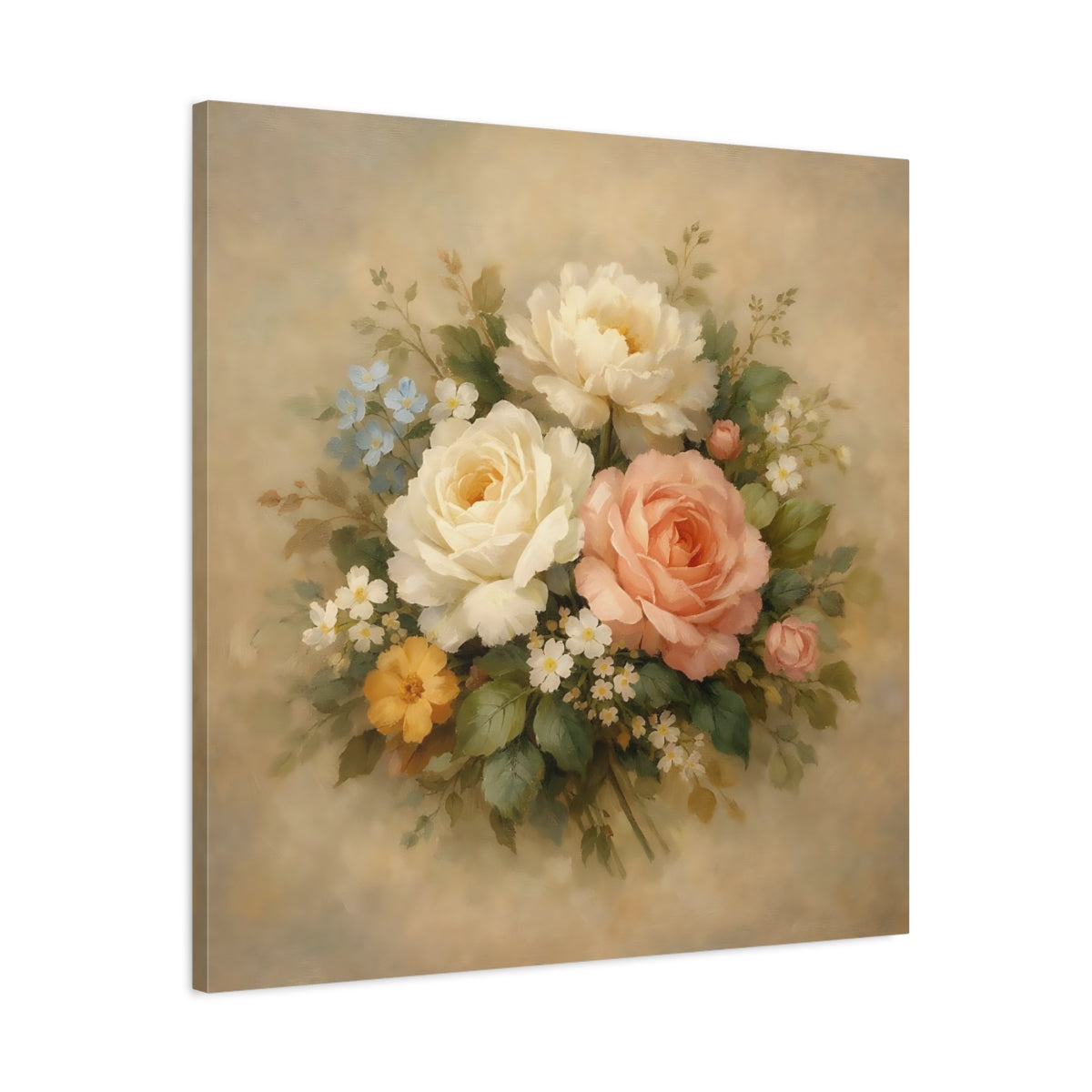 Side Mockup 3. Floral Floral Bouquet Vintage Floral Pastel shown as stretched canvas wall art