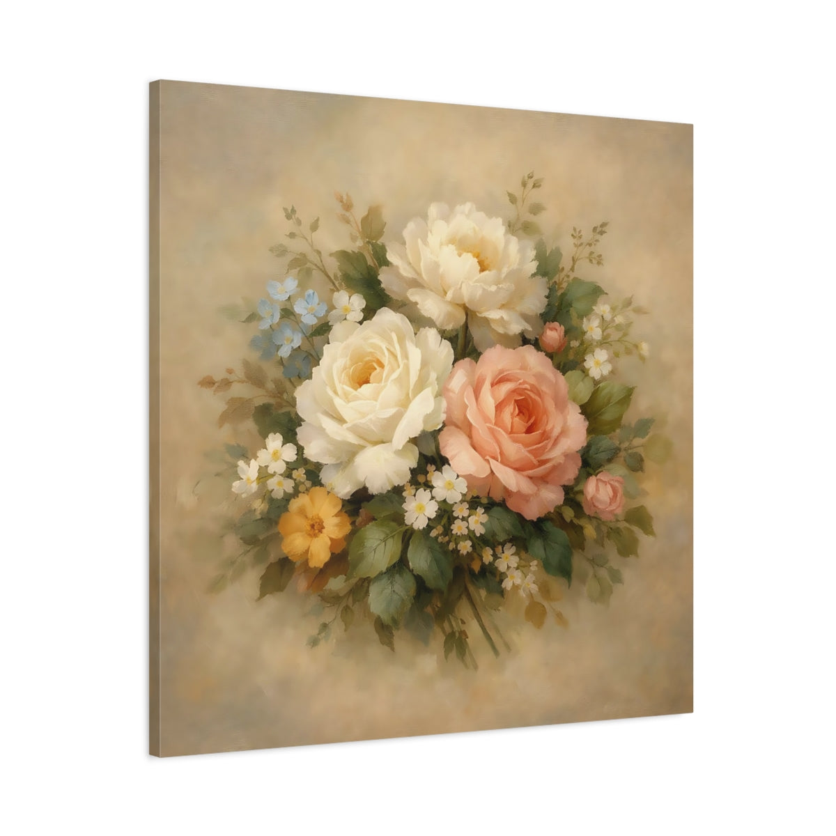 Side Mockup 2. Floral Floral Bouquet Vintage Floral Pastel shown as stretched canvas wall art
