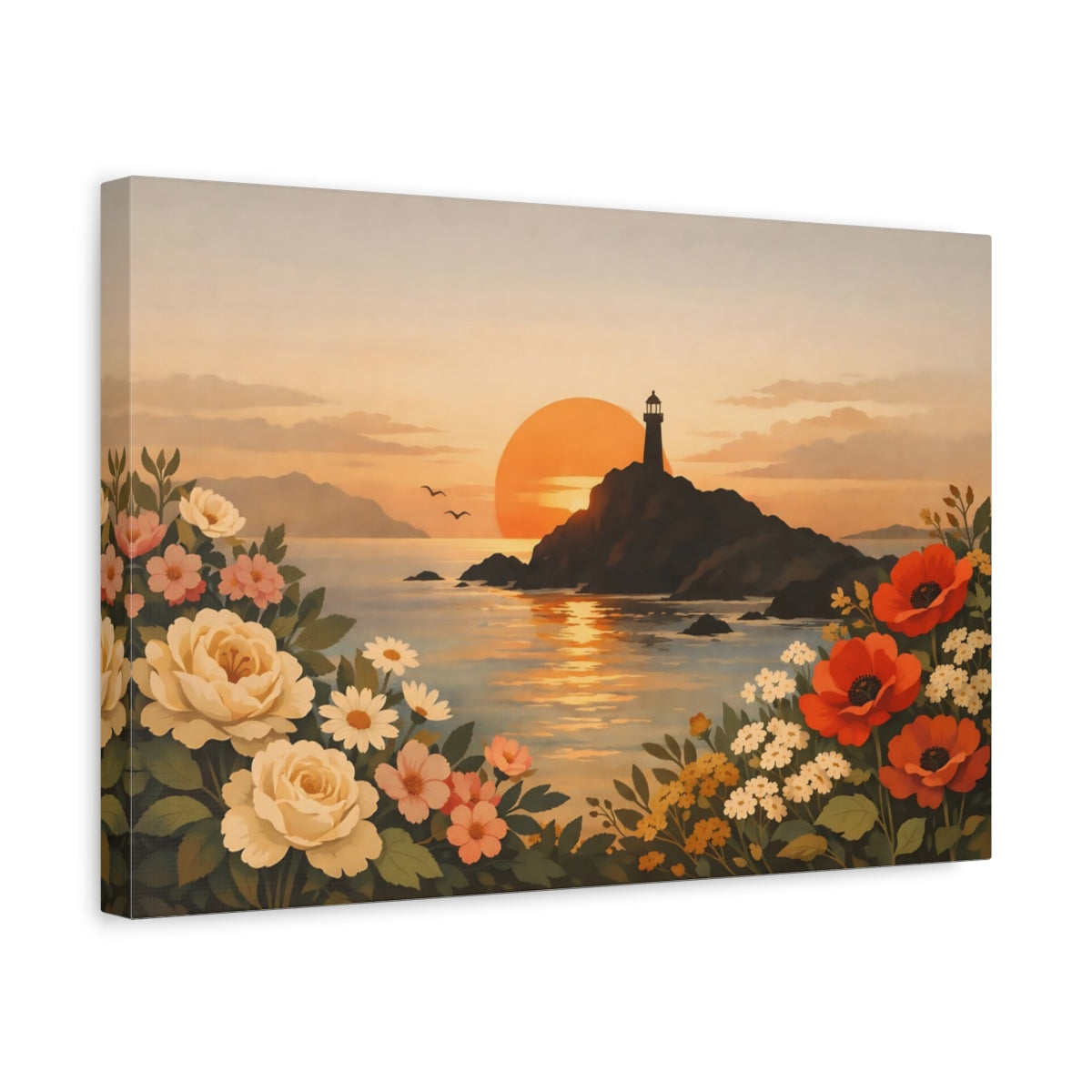 Vintage Floral Coast Coastal Sunset Nature - Canvas Wall Art Print
