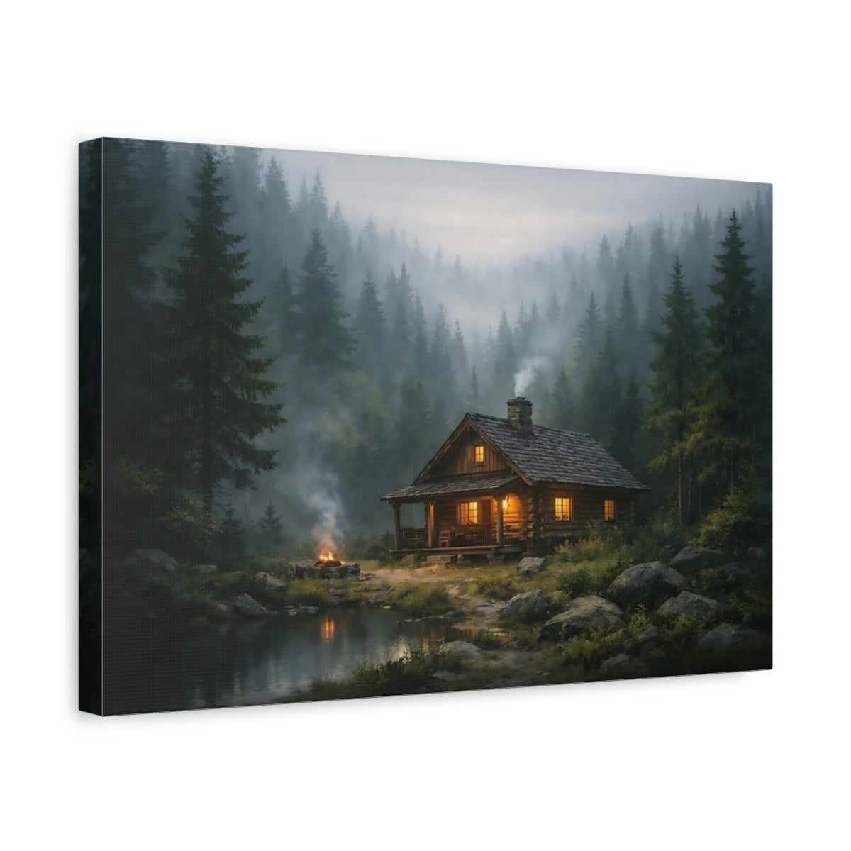 Nature Log Cabin Misty Forest - Canvas Wall Art Print