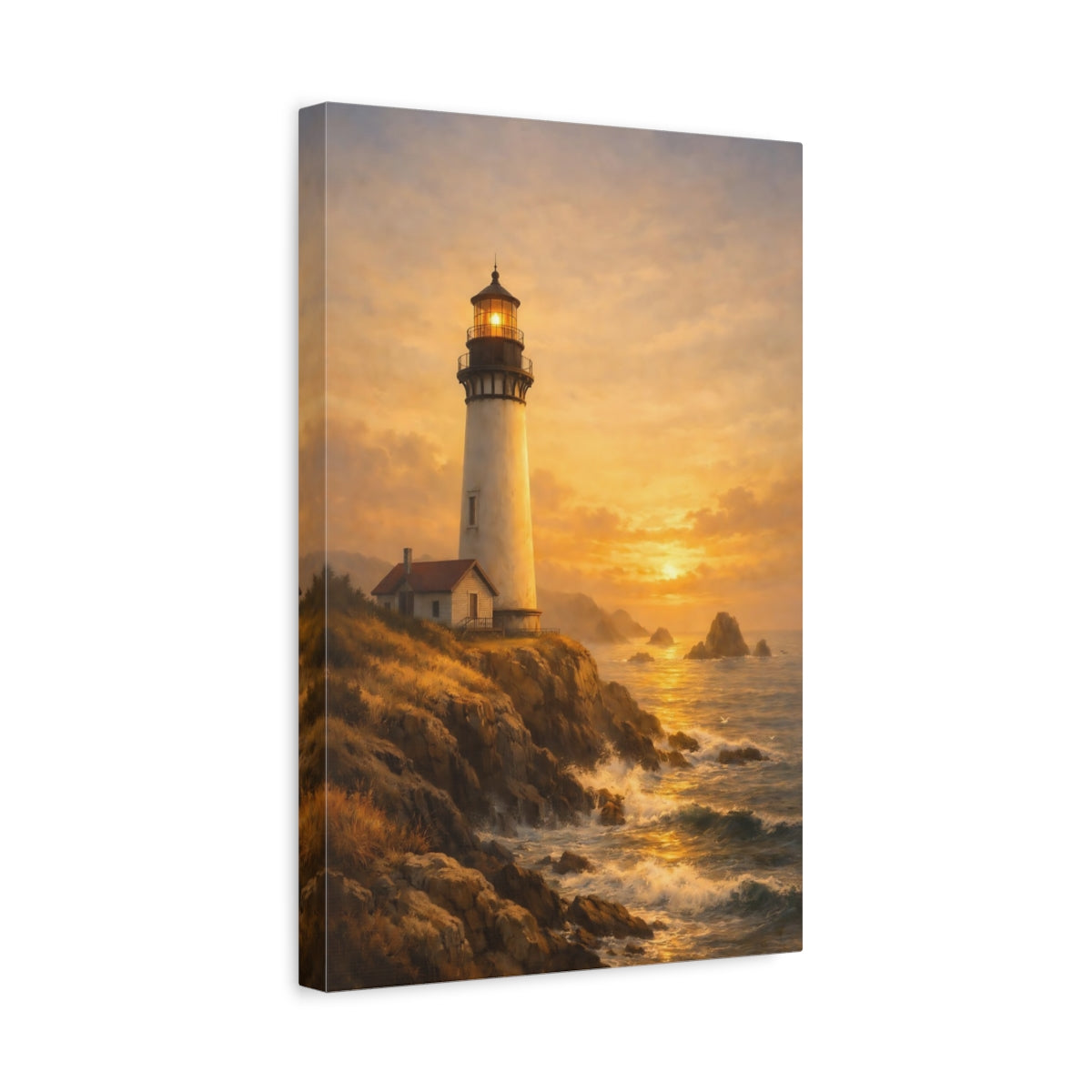 Side Mockup 4. Nature Lighthouse Golden Lighthouse shown as stretched canvas wall art