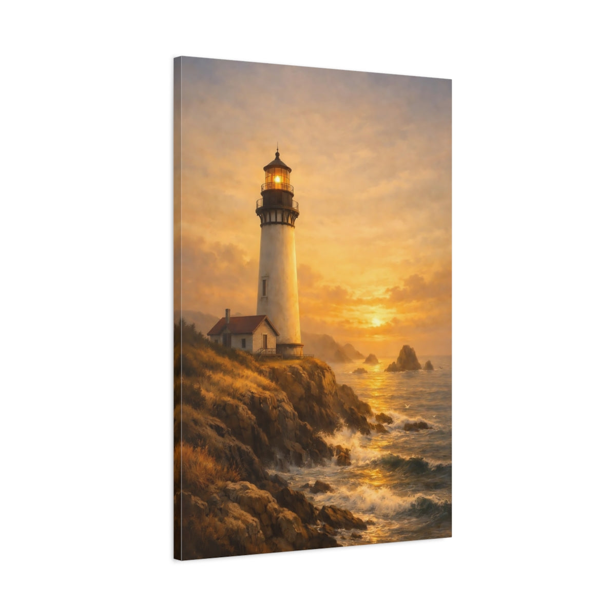 Side Mockup 1. Nature Lighthouse Golden Lighthouse shown as stretched canvas wall art