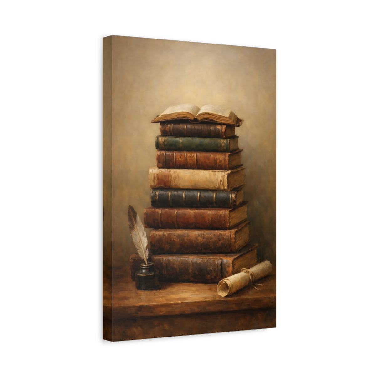 Side Mockup 4. Vintage Old Books Vintage Book Still Life shown as stretched canvas wall art