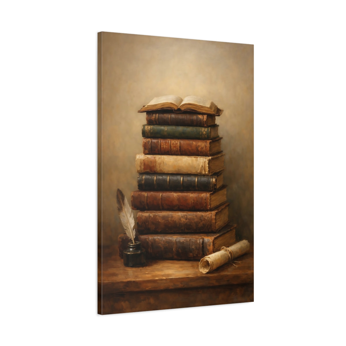 Side Mockup 1. Vintage Old Books Vintage Book Still Life shown as stretched canvas wall art