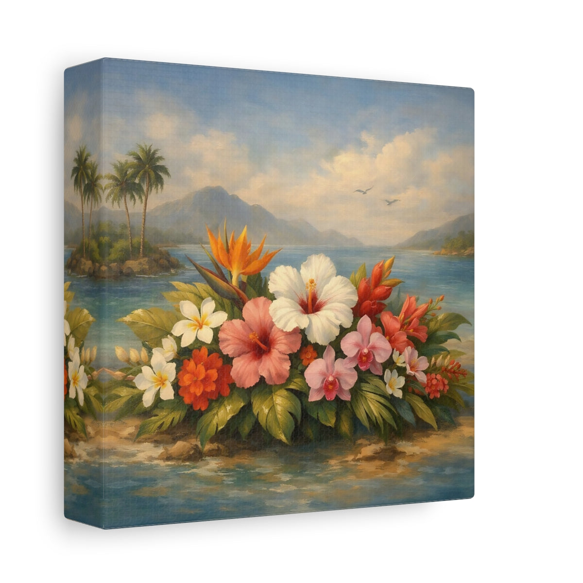 Side Mockup 1. Floral Tropical Flowers Vibrant Tropical Floral shown as stretched canvas wall art