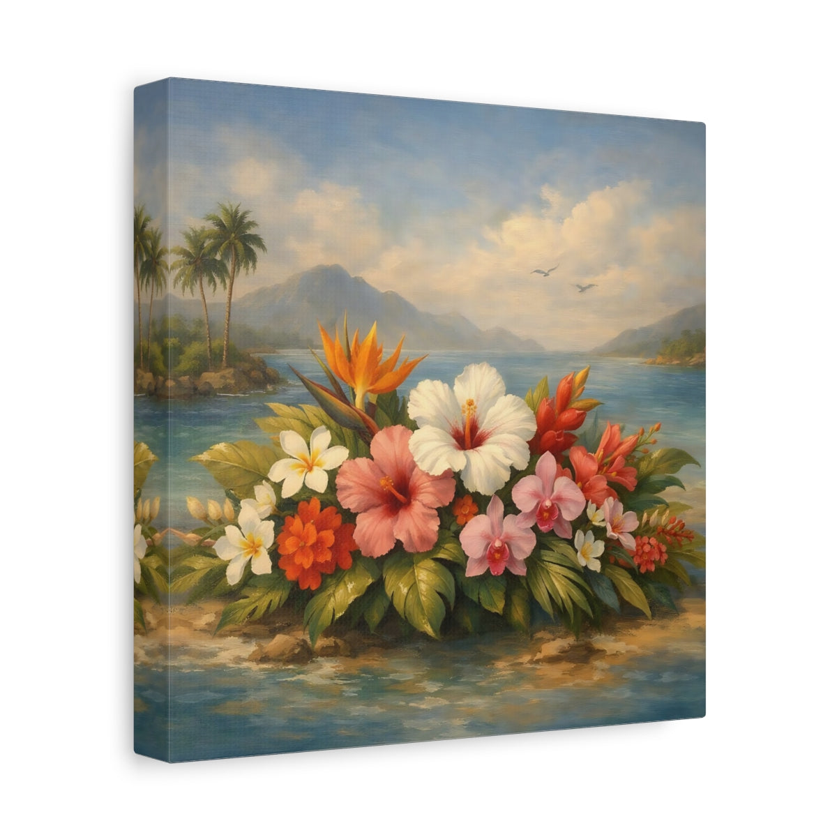 Side Mockup 9. Floral Tropical Flowers Vibrant Tropical Floral shown as stretched canvas wall art