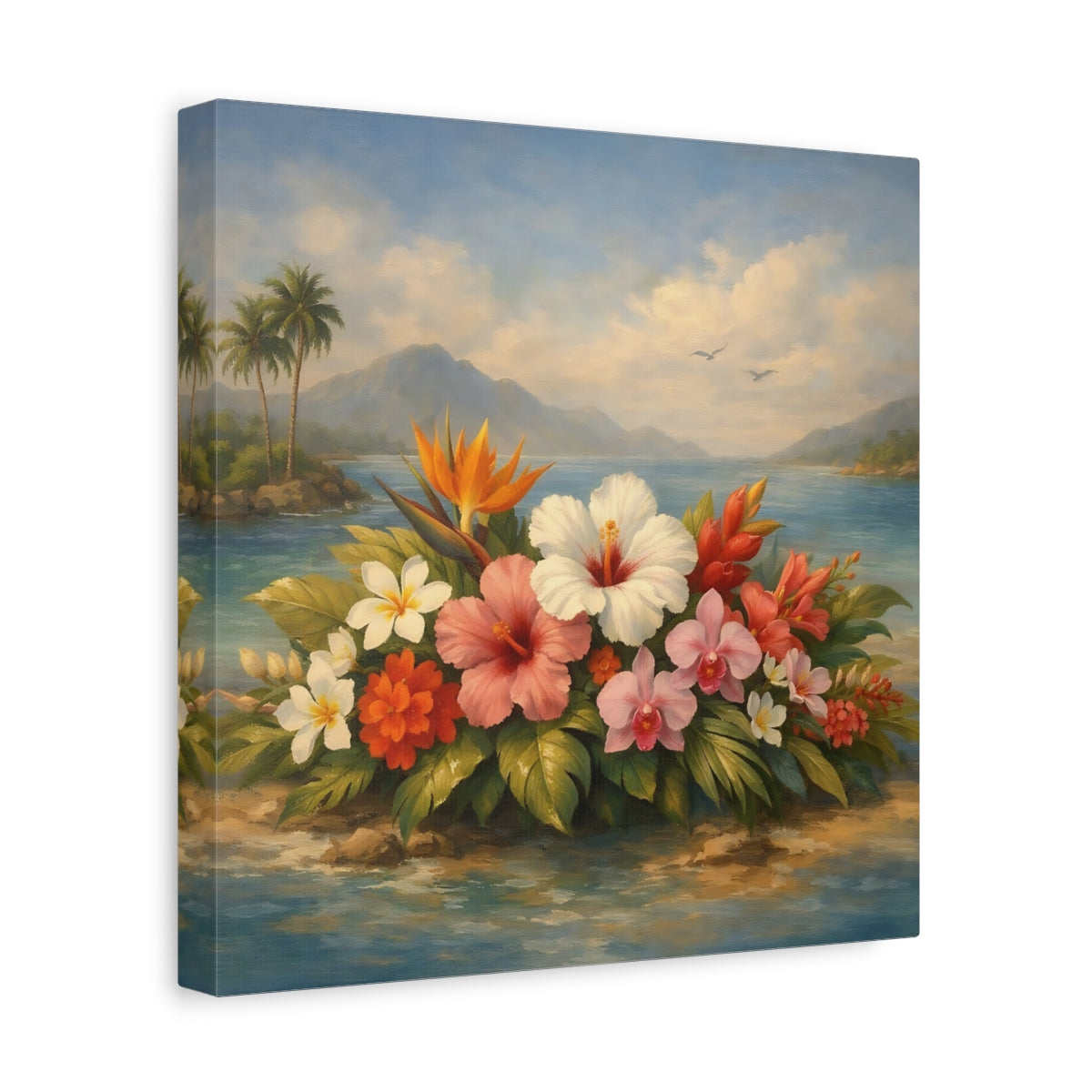 Side Mockup 8. Floral Tropical Flowers Vibrant Tropical Floral shown as stretched canvas wall art